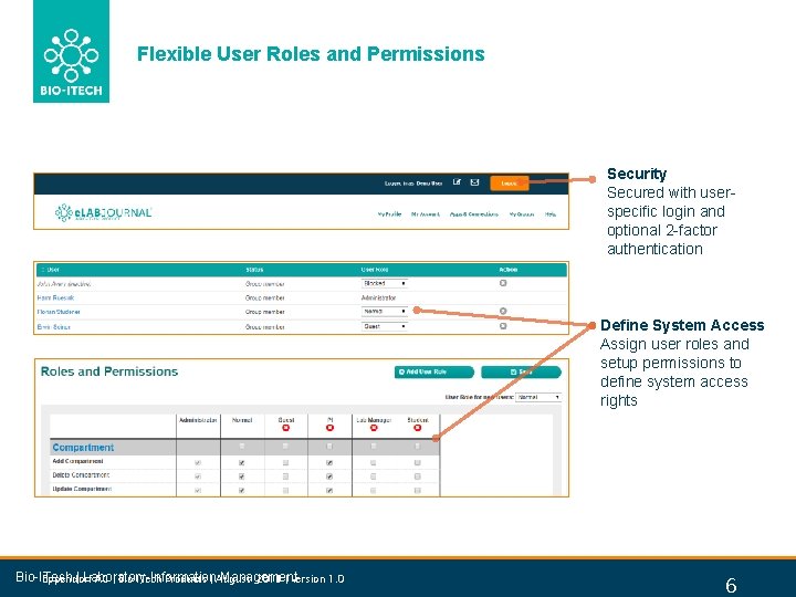 Flexible User Roles and Permissions Security Secured with userspecific login and optional 2 -factor