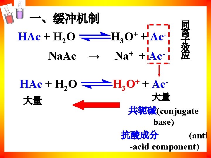 一、缓冲机制 HAc + H 2 O Na. Ac HAc + H 2 O 大量