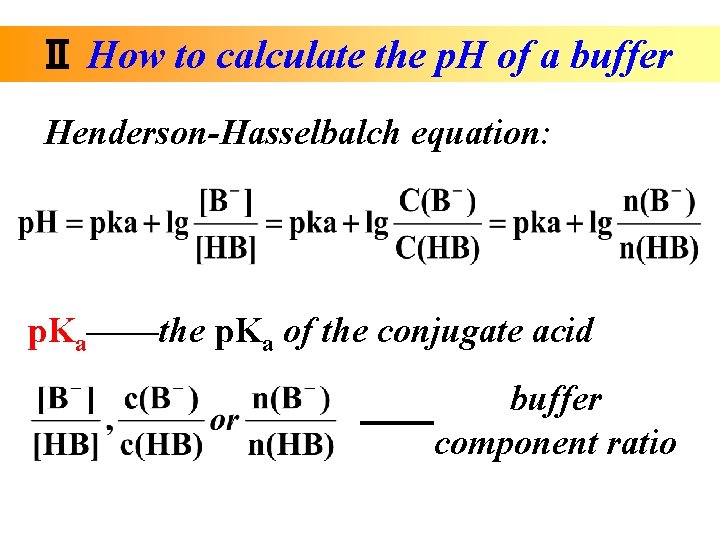Ⅱ How to calculate the p. H of a buffer Henderson-Hasselbalch equation: p. Ka——the
