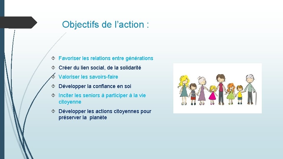 Objectifs de l’action : Favoriser les relations entre générations Créer du lien social, de