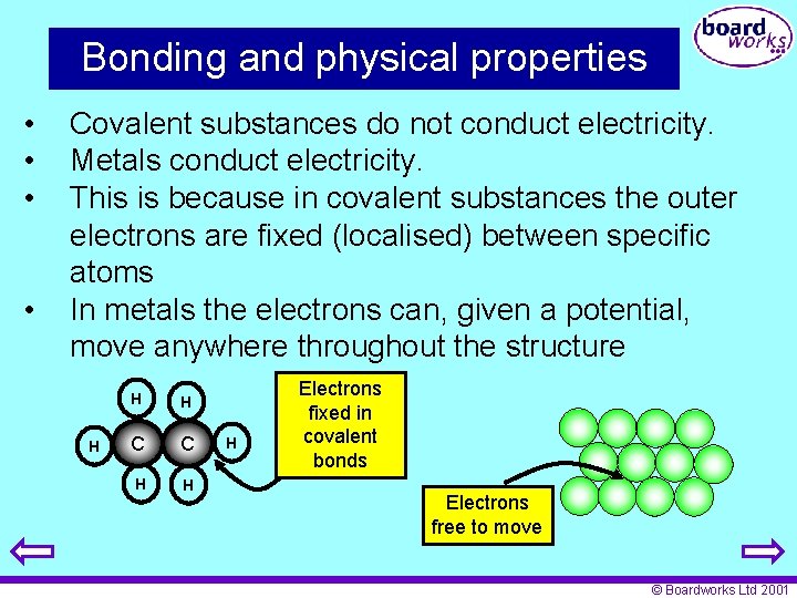 Bonding and physical properties • • Covalent substances do not conduct electricity. Metals conduct