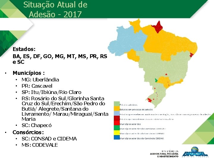 Situação Atual de Adesão - 2017 • Estados: BA, ES, DF, GO, MG, MT,