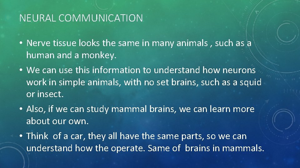 NEURAL COMMUNICATION • Nerve tissue looks the same in many animals , such as