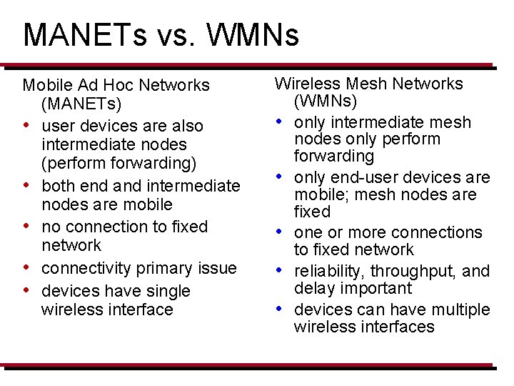 MANETs vs. WMNs Mobile Ad Hoc Networks (MANETs) • user devices are also intermediate