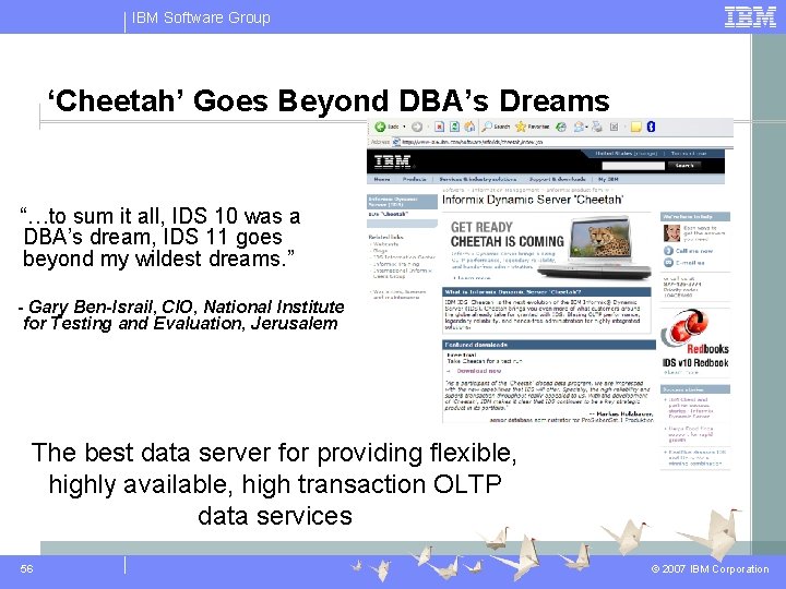 IBM Software Group ‘Cheetah’ Goes Beyond DBA’s Dreams “…to sum it all, IDS 10