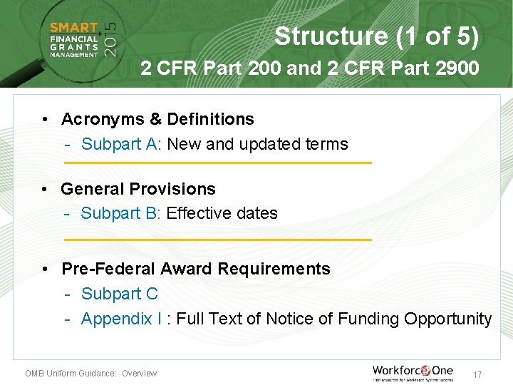 Structure (1 of 5) 2 CFR Part 200 and 2 CFR Part 2900 •