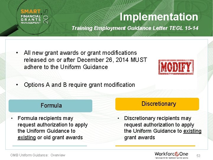 Implementation Training Employment Guidance Letter TEGL 15 -14 : • All new grant awards