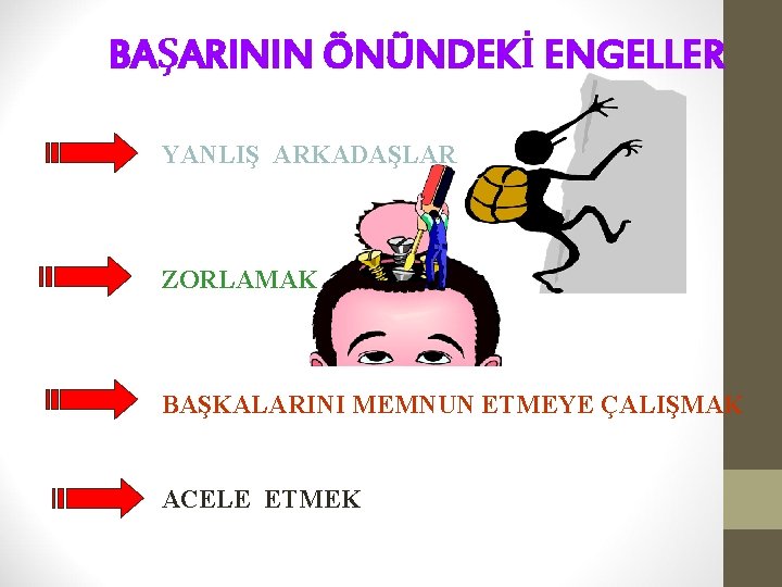 BAŞARININ ÖNÜNDEKİ ENGELLER YANLIŞ ARKADAŞLAR ZORLAMAK BAŞKALARINI MEMNUN ETMEYE ÇALIŞMAK ACELE ETMEK 
