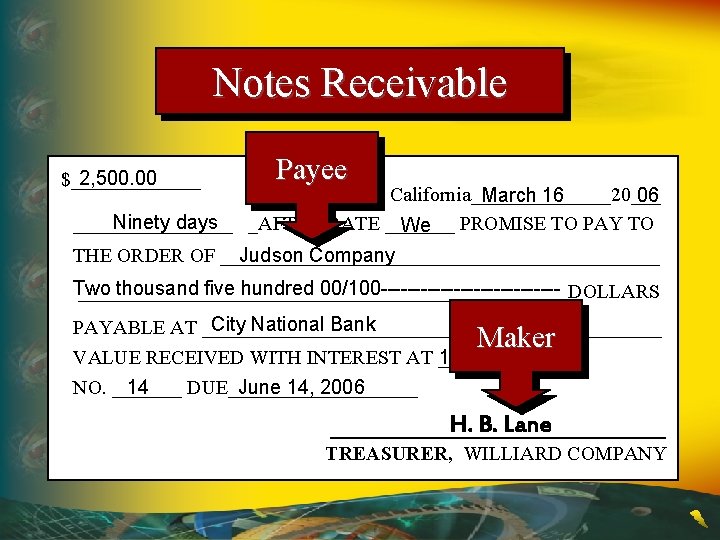 Notes Receivable 2, 500. 00 $_______ Payee Fresno, California_______20___ March 16 06 Ninety days