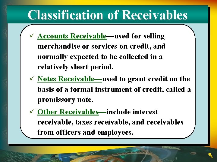 Classification of Receivables ü Accounts Receivable—used for selling merchandise or services on credit, and