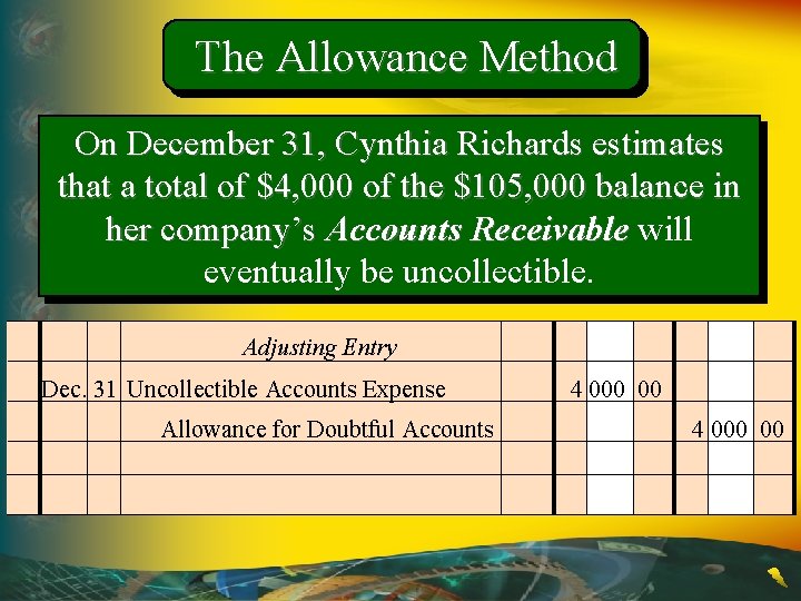 The Allowance Method On December 31, Cynthia Richards estimates that a total of $4,