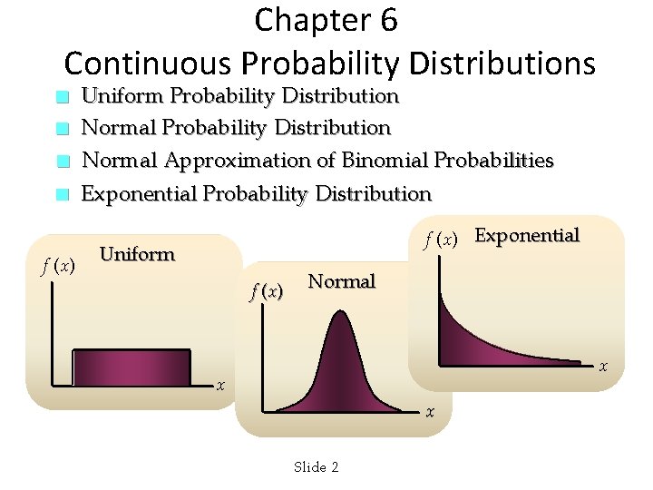 Chapter 6 Continuous Probability Distributions n n f (x) Uniform Probability Distribution Normal Approximation