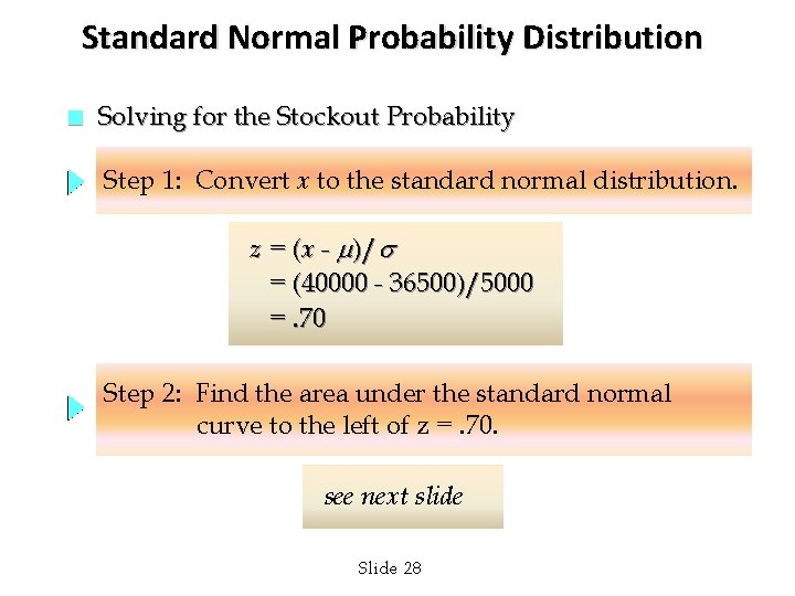 Standard Normal Probability Distribution n Solving for the Stockout Probability Step 1: Convert x