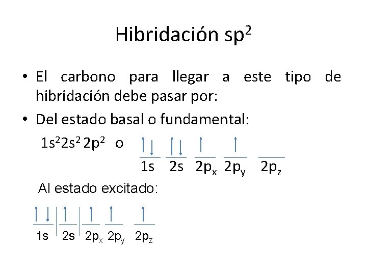 Hibridación sp 2 • El carbono para llegar a este tipo de hibridación debe