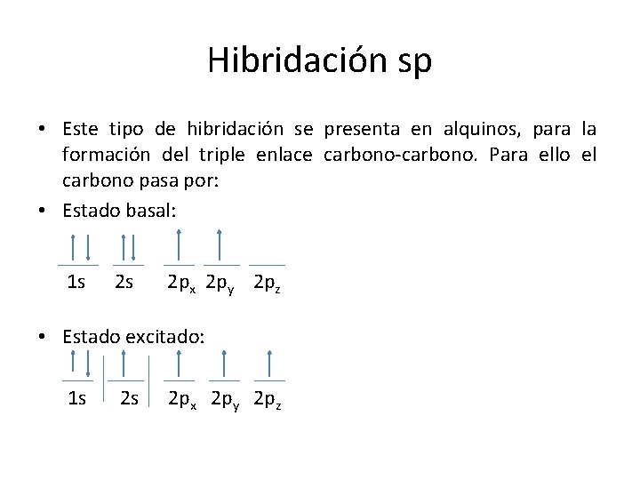 Hibridación sp • Este tipo de hibridación se presenta en alquinos, para la formación