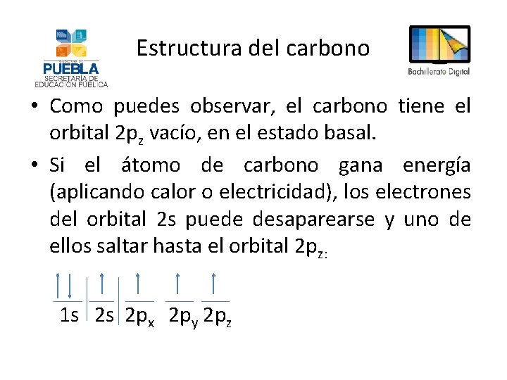 Estructura del carbono • Como puedes observar, el carbono tiene el orbital 2 pz