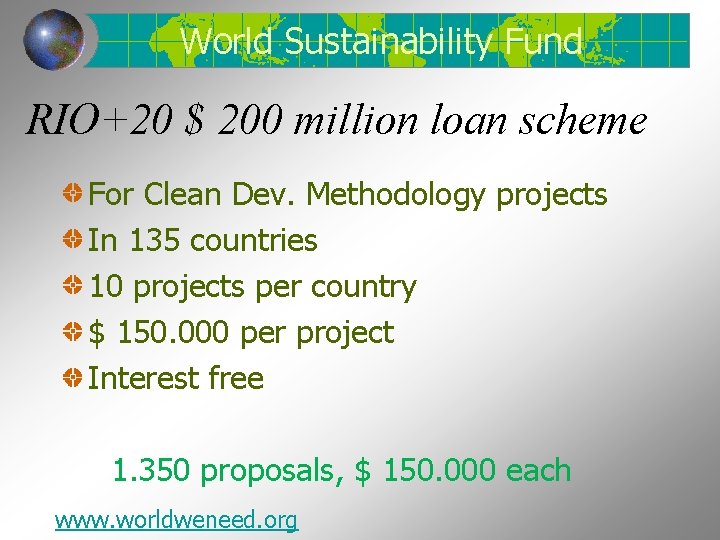 World Sustainability Fund RIO+20 $ 200 million loan scheme For Clean Dev. Methodology projects