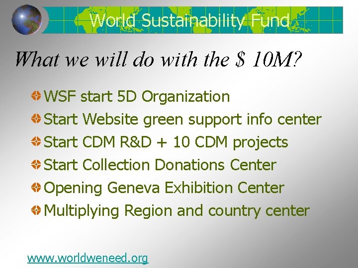 World Sustainability Fund What we will do with the $ 10 M? WSF start