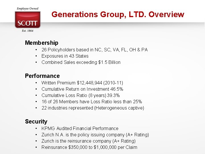 Generations Group, LTD. Overview Membership • • • 26 Policyholders based in NC, SC,