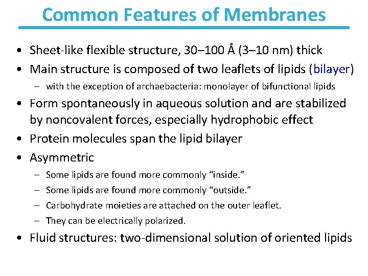 Common Features of Membranes • Sheet-like flexible structure, 30– 100 Å (3– 10 nm)