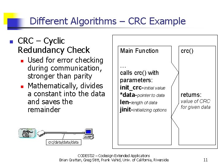 Different Algorithms – CRC Example n CRC – Cyclic Redundancy Check n n Used