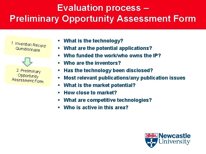 Evaluation process – Preliminary Opportunity Assessment Form 1. Invention R ecord Questionnair e 2.