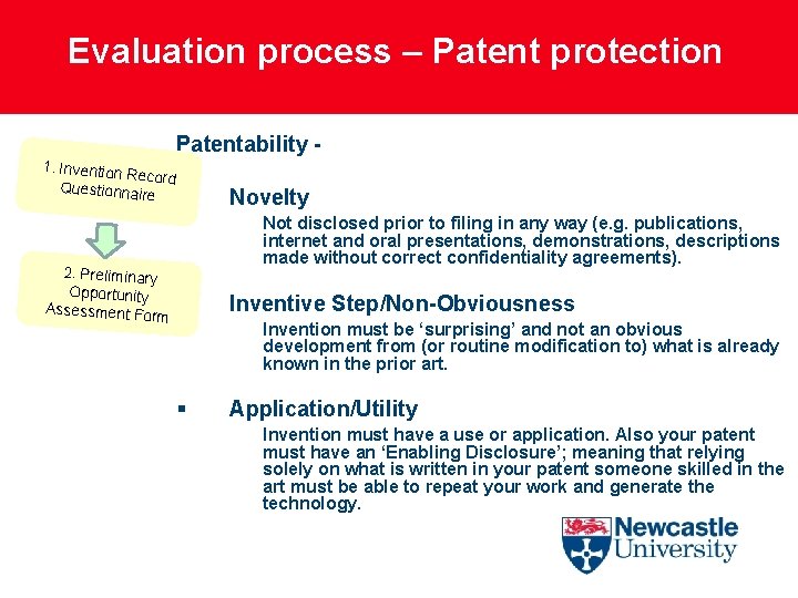 Evaluation process – Patent protection Patentability 1. Invention R ecord Questionnair e § 2.
