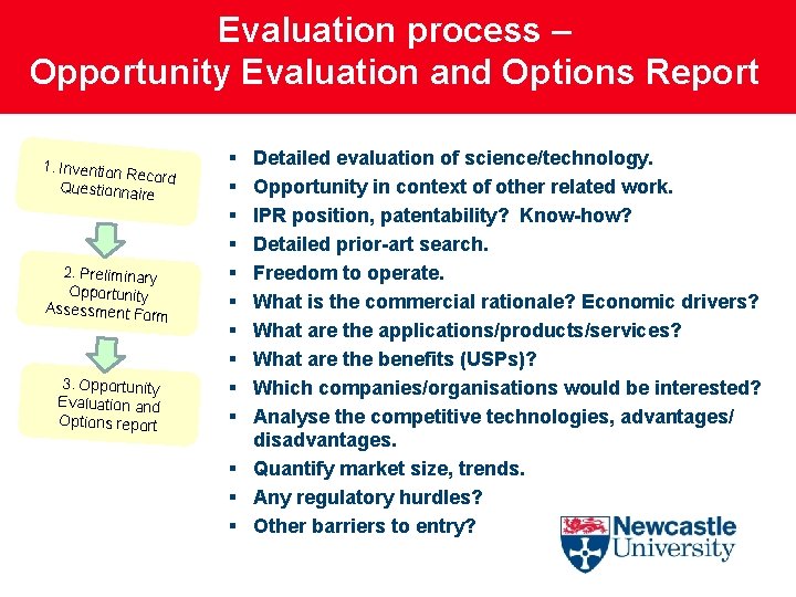 Evaluation process – Opportunity Evaluation and Options Report 1. Invention R ecord Questionnair e