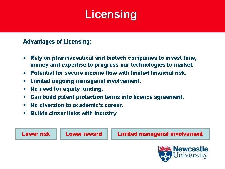 Licensing Advantages of Licensing: § Rely on pharmaceutical and biotech companies to invest time,