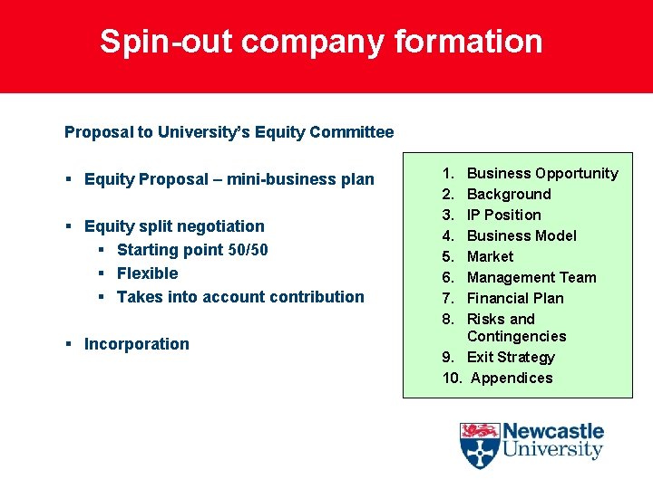 Spin-out company formation Proposal to University’s Equity Committee § Equity Proposal – mini-business plan