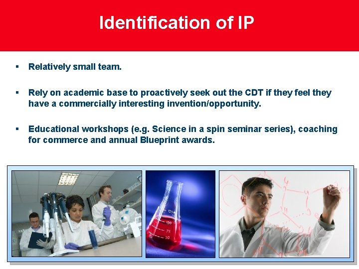 Identification of IP § Relatively small team. § Rely on academic base to proactively