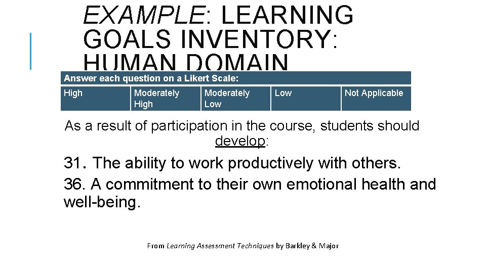 EXAMPLE: LEARNING GOALS INVENTORY: HUMAN DOMAIN Answer each question on a Likert Scale: High