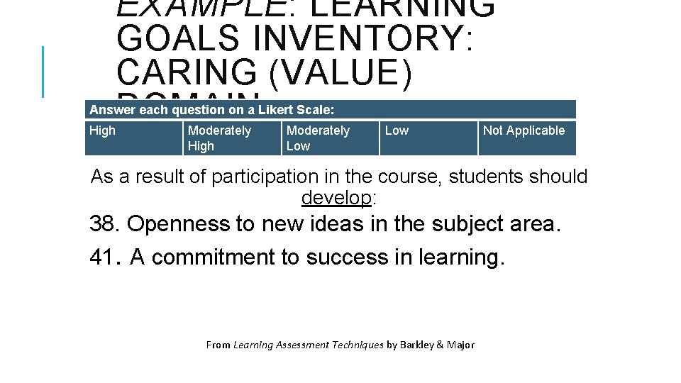 EXAMPLE: LEARNING GOALS INVENTORY: CARING (VALUE) DOMAIN Answer each question on a Likert Scale: