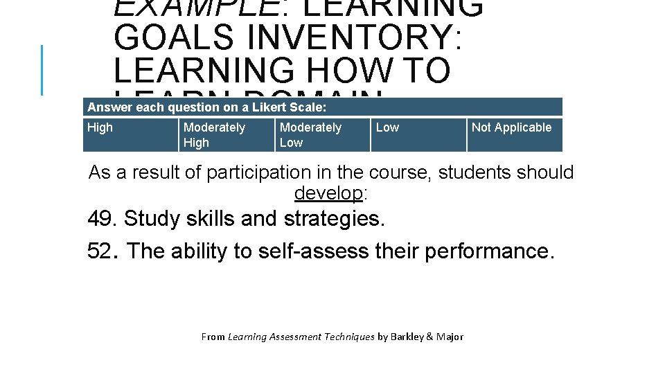 EXAMPLE: LEARNING GOALS INVENTORY: LEARNING HOW TO LEARN DOMAIN Answer each question on a