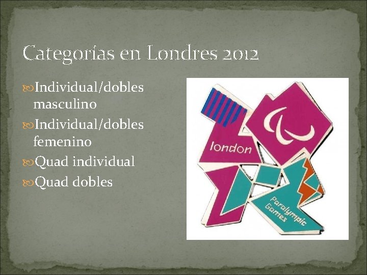 Categorías en Londres 2012 Individual/dobles masculino Individual/dobles femenino Quad individual Quad dobles 