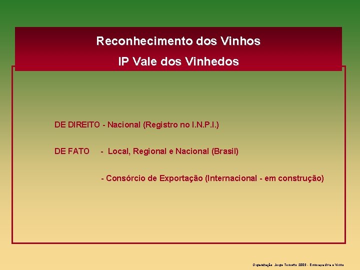 Reconhecimento dos Vinhos IP Vale dos Vinhedos DE DIREITO - Nacional (Registro no I.