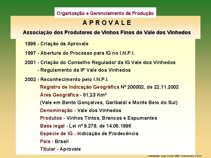 Organização e Gerenciamento da Produção APROVALE Associação dos Produtores de Vinhos Finos do Vale