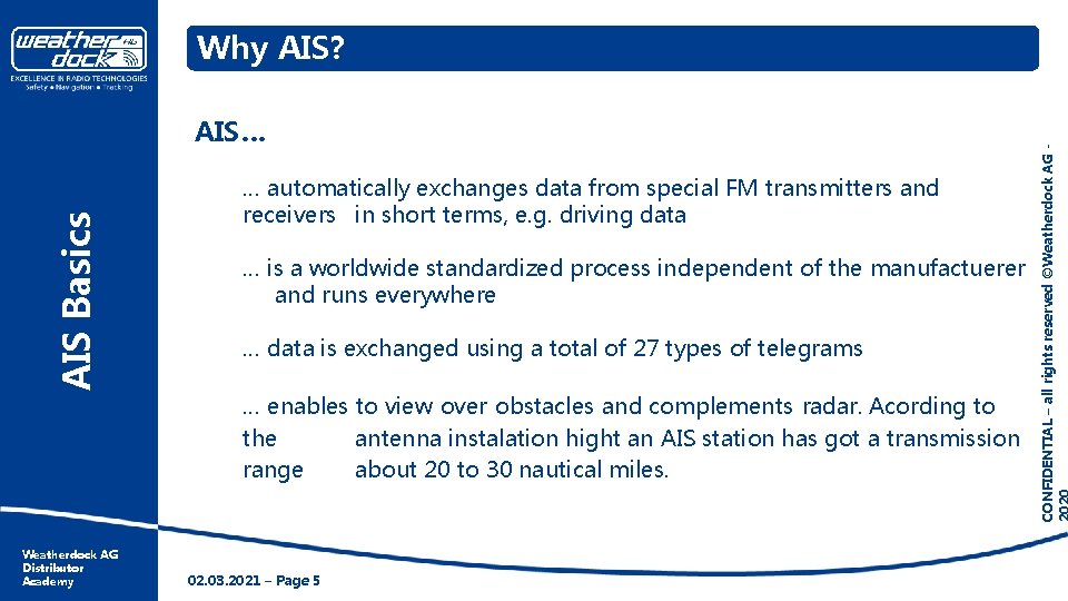 AIS Basics AIS… Weatherdock AG Distributor Academy … automatically exchanges data from special FM