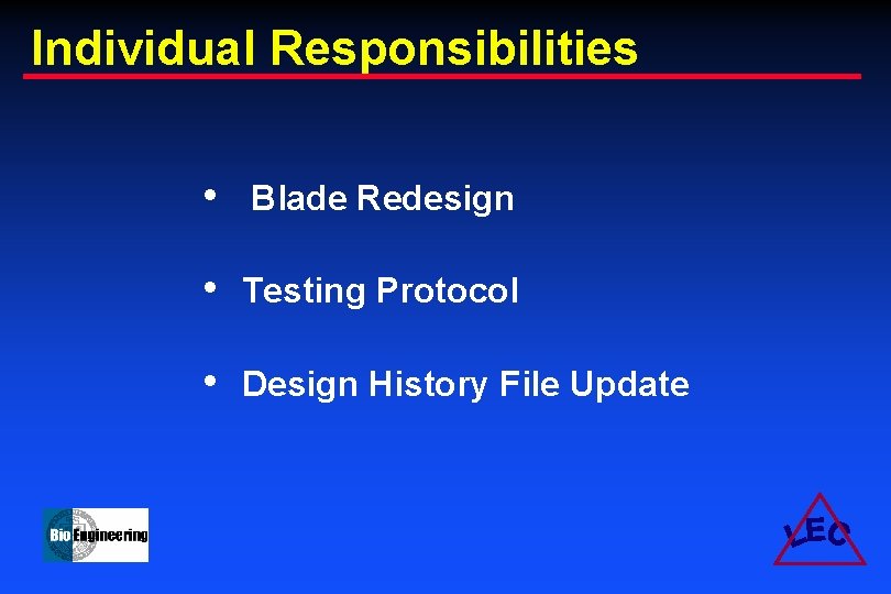 Individual Responsibilities • Blade Redesign • Testing Protocol • Design History File Update 