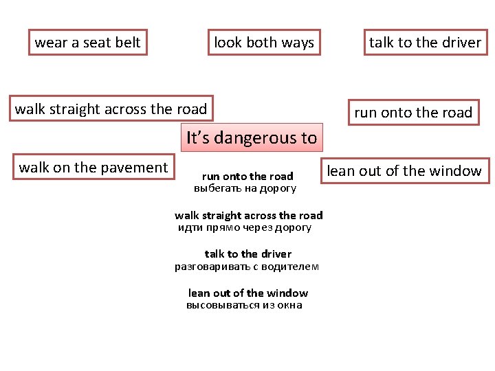 wear a seat belt look both ways walk straight across the road talk to