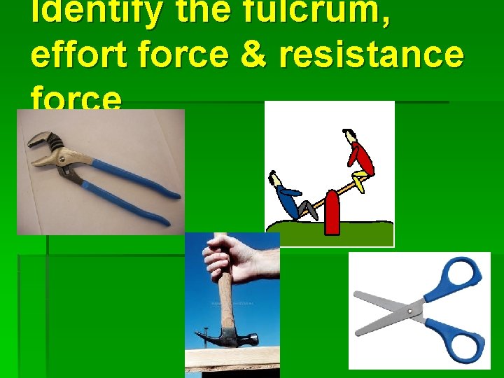 Identify the fulcrum, effort force & resistance force 