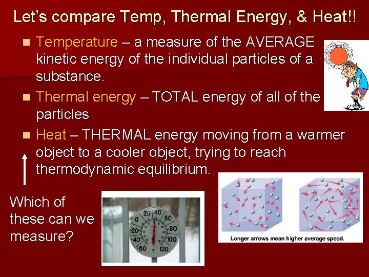 Let’s compare Temp, Thermal Energy, & Heat!! Temperature – a measure of the AVERAGE