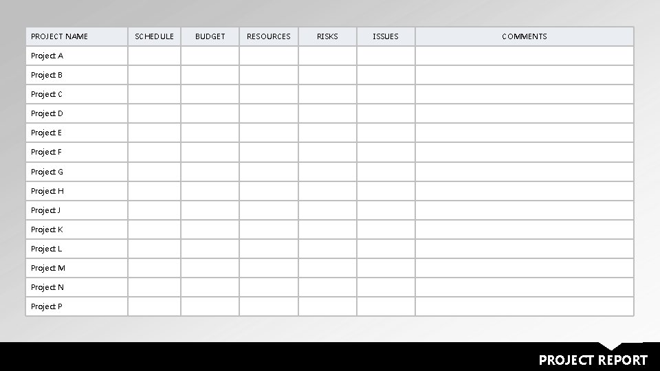 PROJECT NAME SCHEDULE BUDGET RESOURCES RISKS ISSUES COMMENTS Project A Project B Project C