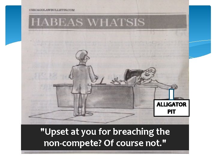 ALLIGATOR PIT "Upset at you for breaching the non-compete? Of course not. " 