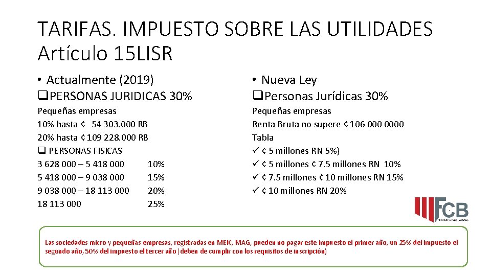 TARIFAS. IMPUESTO SOBRE LAS UTILIDADES Artículo 15 LISR • Actualmente (2019) q. PERSONAS JURIDICAS