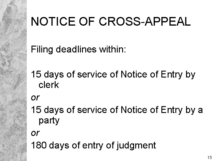 NOTICE OF CROSS-APPEAL Filing deadlines within: 15 days of service of Notice of Entry