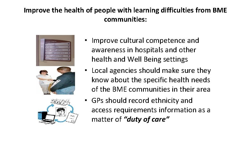 Improve the health of people with learning difficulties from BME communities: • Improve cultural