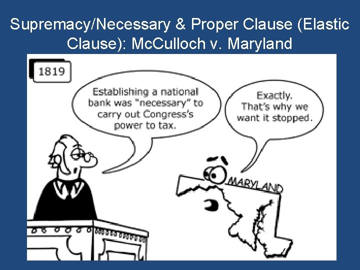 Supremacy/Necessary & Proper Clause (Elastic Clause): Mc. Culloch v. Maryland 