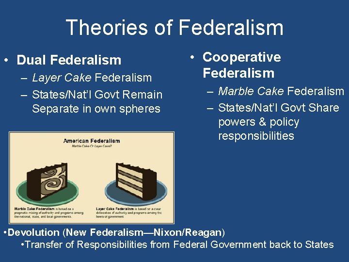 Theories of Federalism • Dual Federalism – Layer Cake Federalism – States/Nat’l Govt Remain
