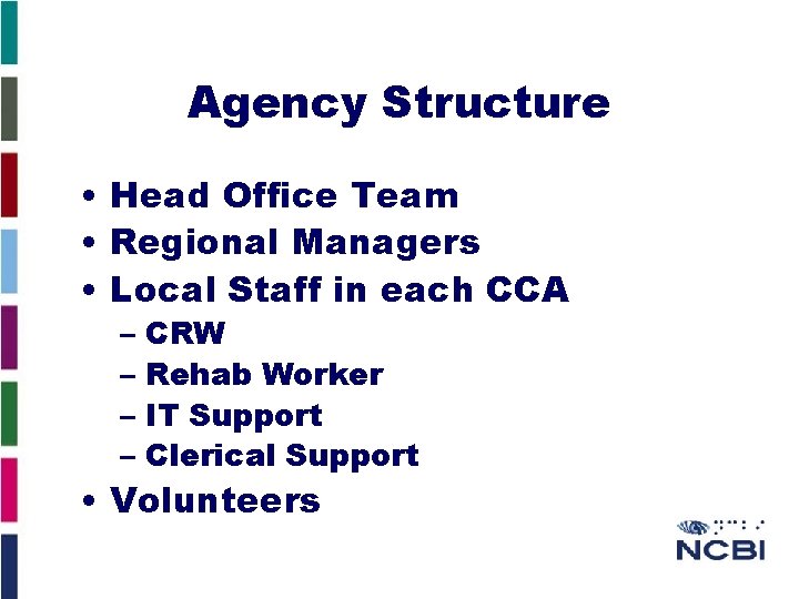 Agency Structure • Head Office Team • Regional Managers • Local Staff in each